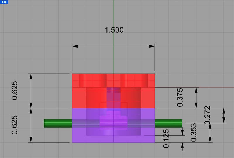 Technical drawing of a rectangular object with green rod extension, featuring various measurements in inches.