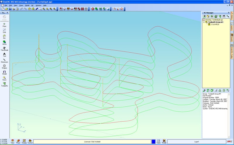 Complex 3D model or drawing in graphical interface with curved lines and shapes, light blue background, toolbar, and command list.