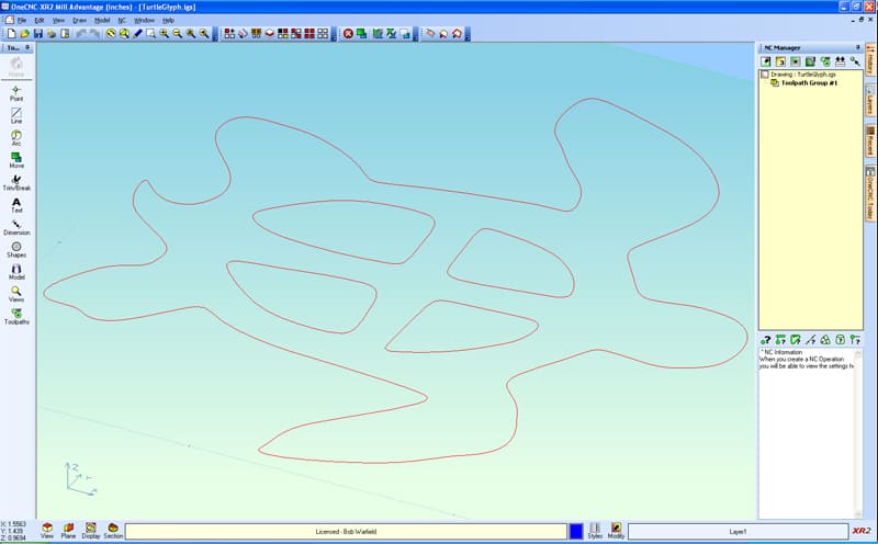 OneCNC Mill Advantage software interface screenshot with 2D design, red lines on light blue background.