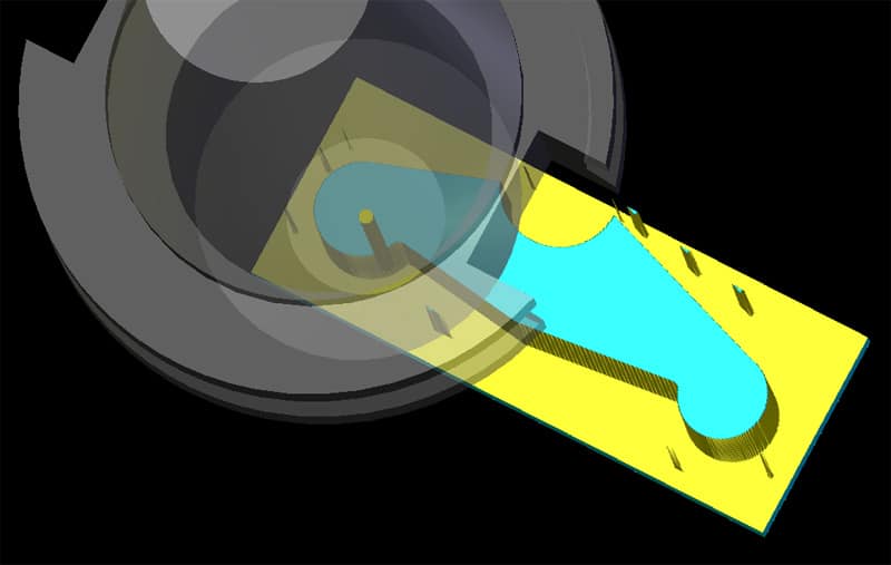 A stylized graphic featuring a gray circle, yellow triangle, and blue wave shape on a black background.