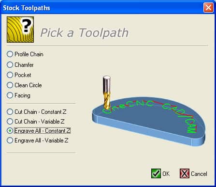 A graphic CNC machining toolpath selection interface featuring profile chain, chamfer and pocket options.