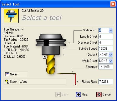 OneCNC Select Tool window in OneCNC software with a 3D model of a ball mill.