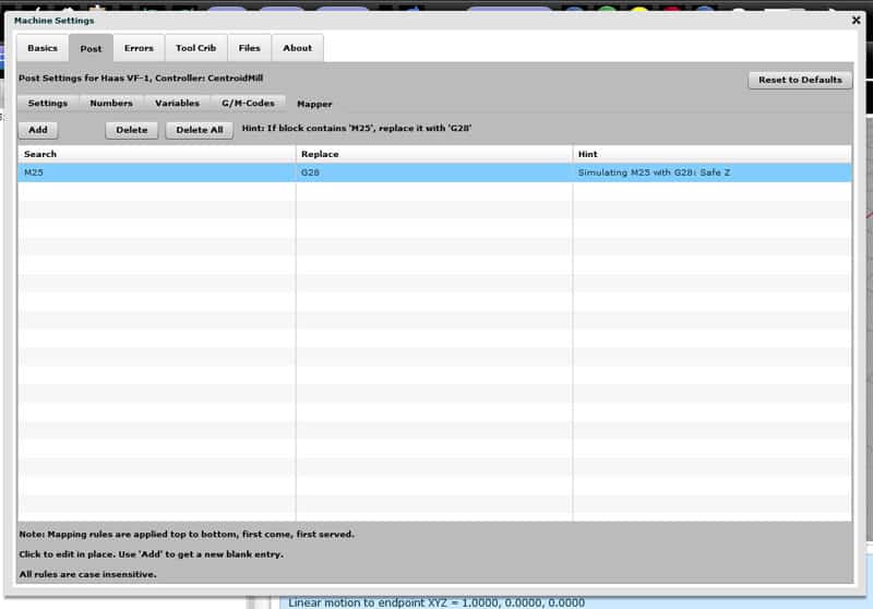 A computer screen displaying settings for a post processor in a machining context with tabs and buttons.
