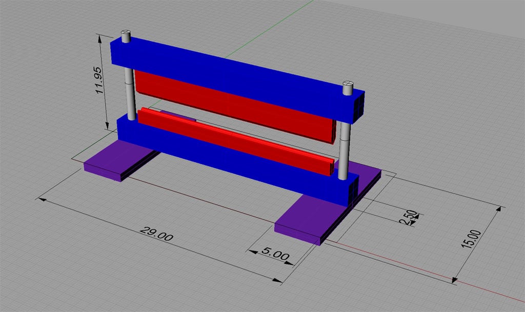 Press brake 3D CAD model in blue and red.