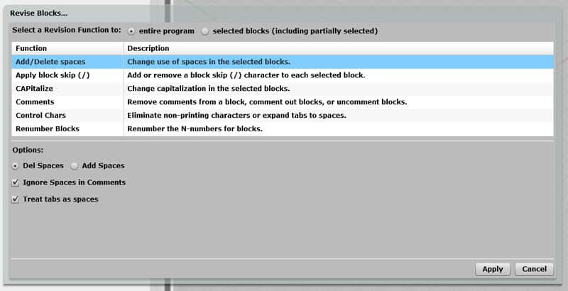 Machining software on computer screen with revise blocks tool options