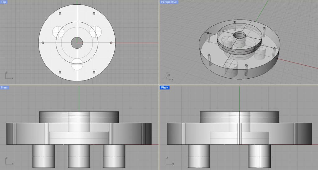 Circular backplate with central hole and cylindrical protrusions, viewed from top, front, and right angles in a 3D CAD drawing.