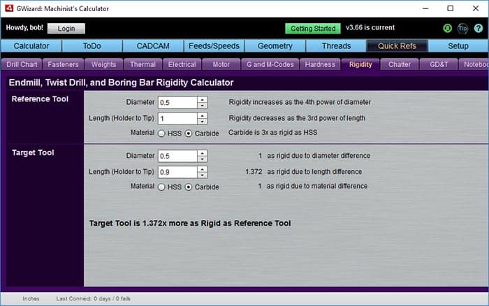 Rigidity Calculator screenshot from CNCCookbook.com website.