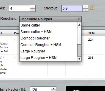 Roughing strategies for machining, featuring indexable rougher, same cutter, corncob rougher, and large rougher options.