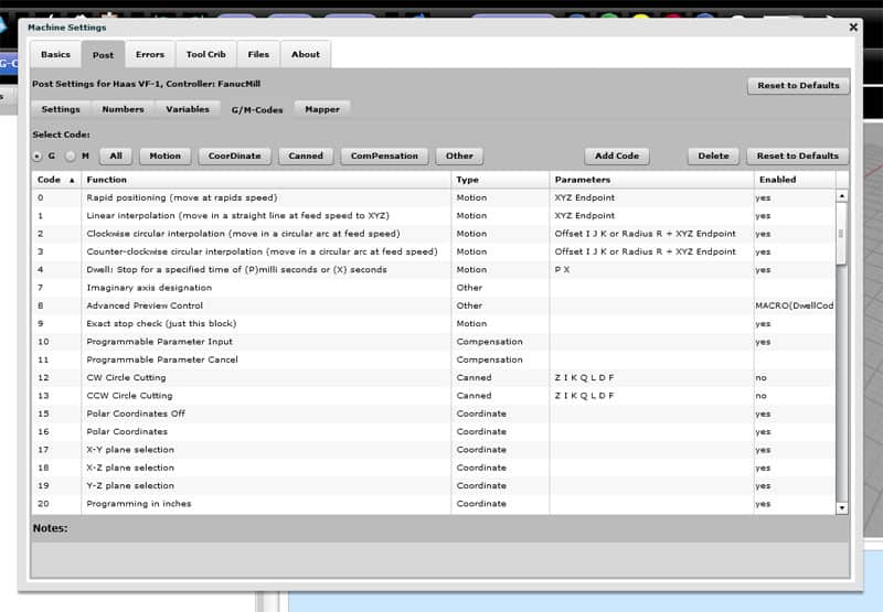 Screenshot of software window displaying 'Machine Settings' with dropdown menu and customizable post-processing codes settings.