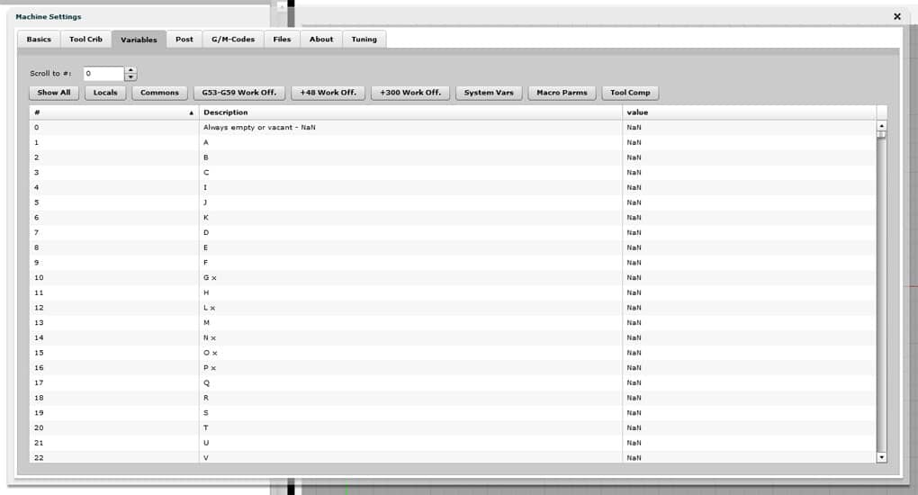 Machining settings page screenshot with tabs and customizable variables.