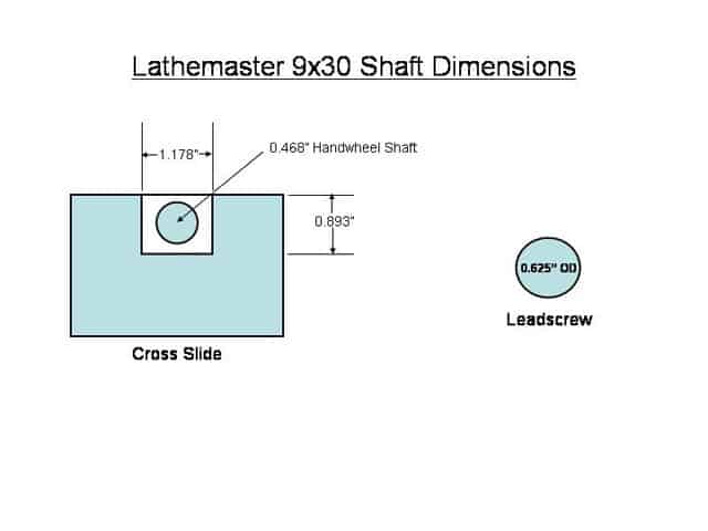 Technical diagram of 9x30 Lathemaster shaft with cross slide and leadscrew measurements.