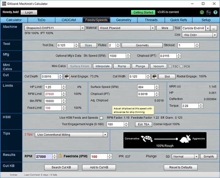 User-friendly machining calculator with input fields for material, tool diameter, feed rate, and cut type options.