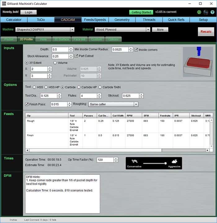 Machining calculator interface with tabs and input fields for profiling and hole calculation.