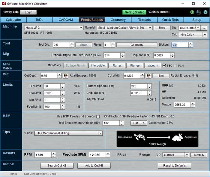 GWizard: Machinist's Calculator screenshot with calculator and machine sections.