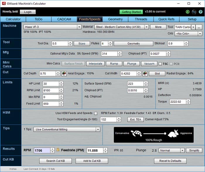 Machinist's calculator screenshot with detailed interface and various calculation options