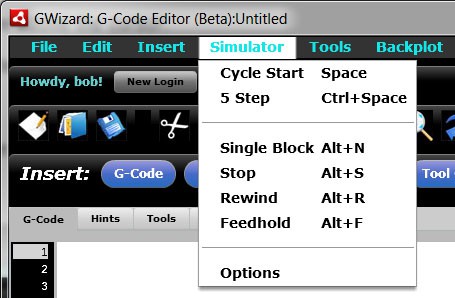 Simulator menu with dropdown options and icons on a white background.