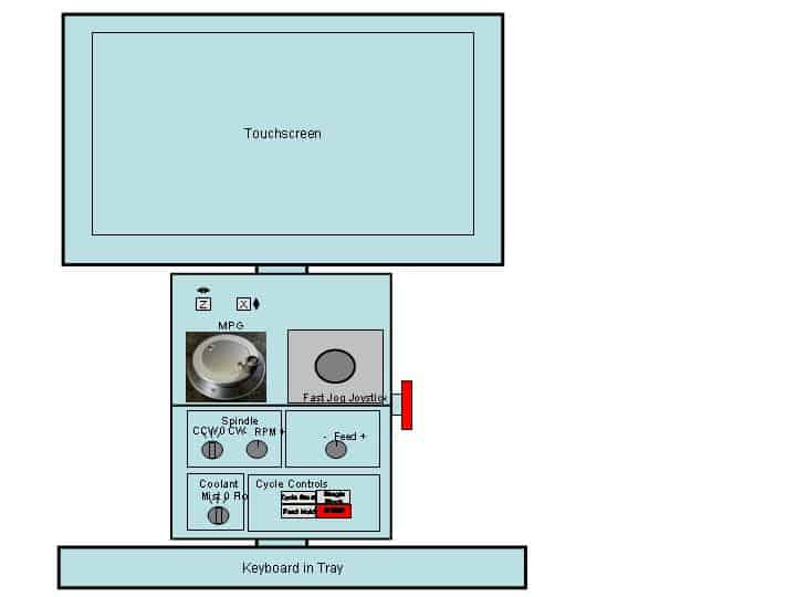 Touchscreen control panel for a CNC machine with buttons and displays.