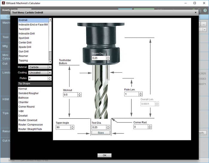 Machine shop tool menu with endmill, indexable mill, and twist drill options.