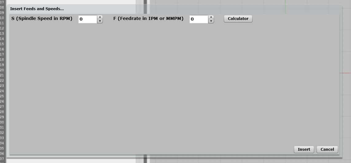 Computer screen with input fields for spindle speed and feedrate.