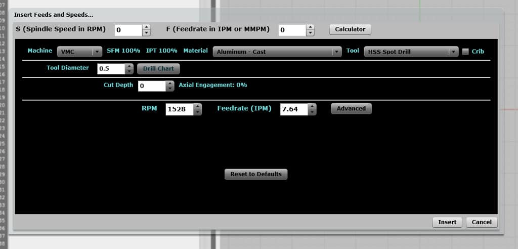 Machining interface with spindle speed and feedrate controls.