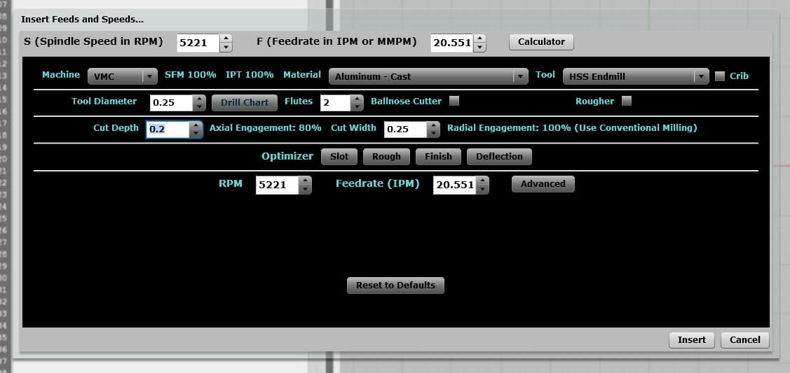 Machining parameter configuration screen with dropdown menus and various categories for customization.