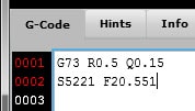 CNC machine G-code display with red highlighted text on gray background