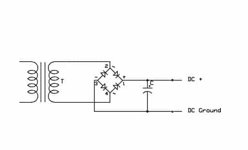 A DC power supply schematic with resistors and wires.