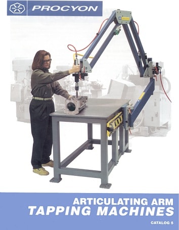 A woman stands beside an industrial arm with Procyon logo on a white background.