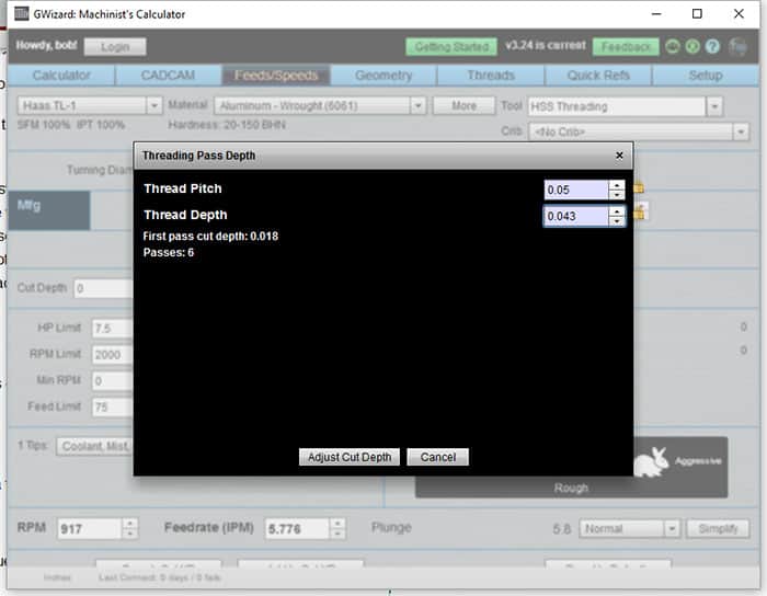 GWizard software threading pass depth calculator screenshot with tabs: Feeds/Speeds, Geometry, Threads.