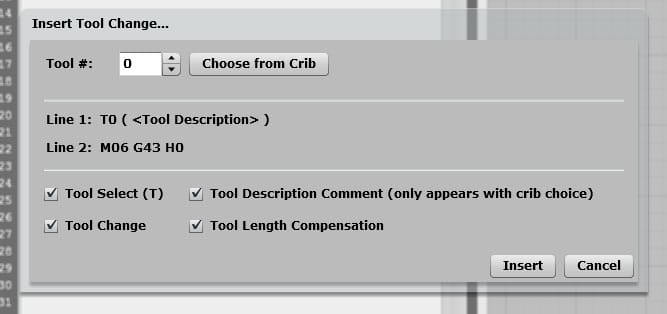 CNC tool change setup screen with tool selection, description, and compensation length options.