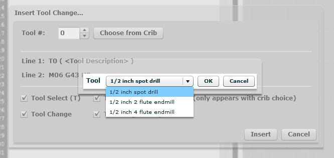 A website screenshot with a tool change selection menu and dropdown options.