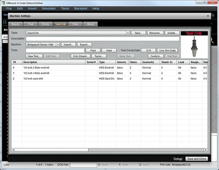 A screenshot of a computer program displaying a tool crib settings menu in G-Code.
