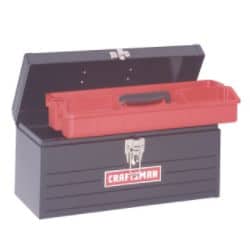 Gray metal toolbox with red lid and "Craftsman" logo, showing interior on plain white background.