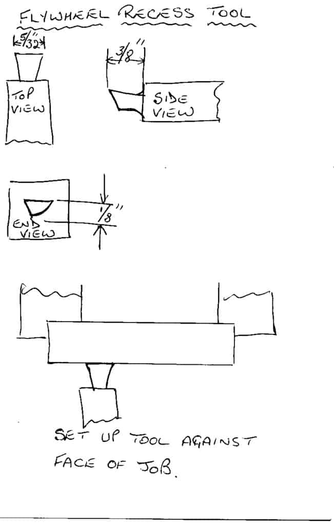 Hand-drawn diagram of Flywheel Recess Tool with measurements and labels.