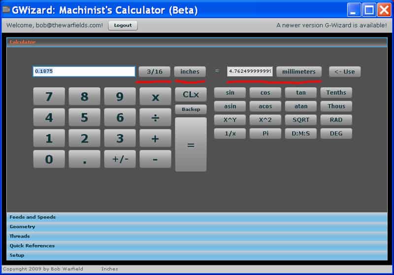 G-Wizard Machinist's Calculator with unit conversion tools.