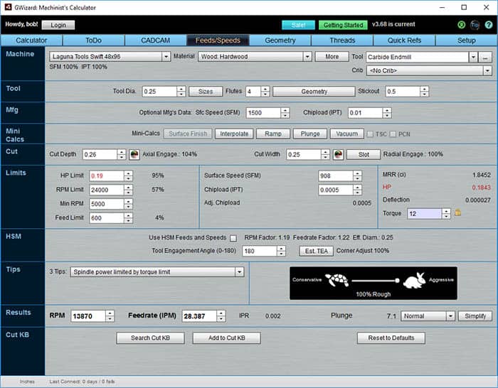 G-Wizard Machinist's Calculator interface screenshot.