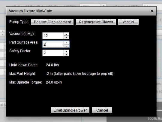 Calculator interface for vacuum system settings.