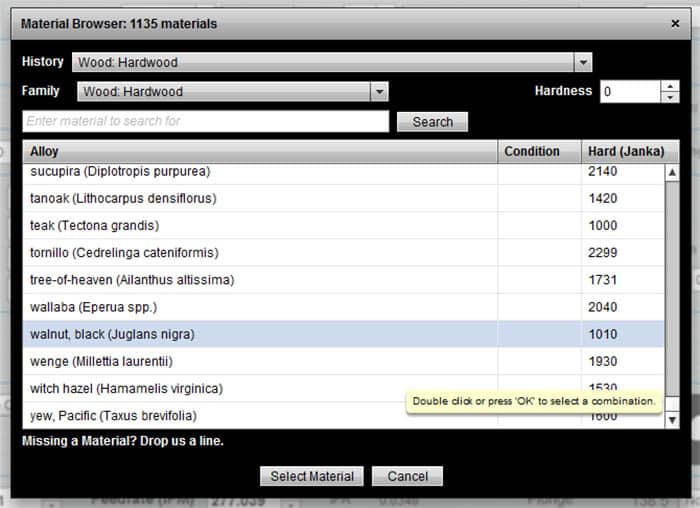 CNCCookbook.com material browser with list of wood species.