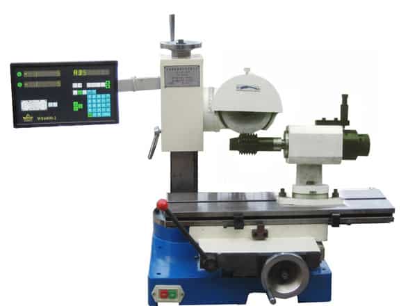 Blue and white surface grinder with digital display and buttons.