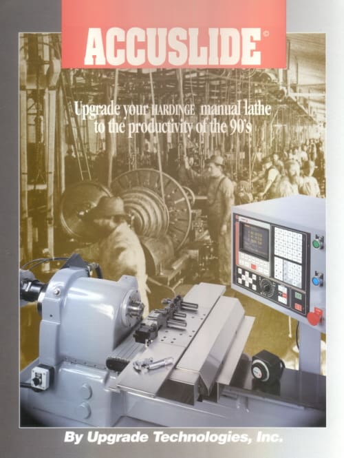 Vintage advertisement for AccuSlide lathe in industrial setting.