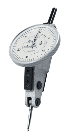 Precision measuring instrument with a circular face, metal body, handle, and detachable metal probe.