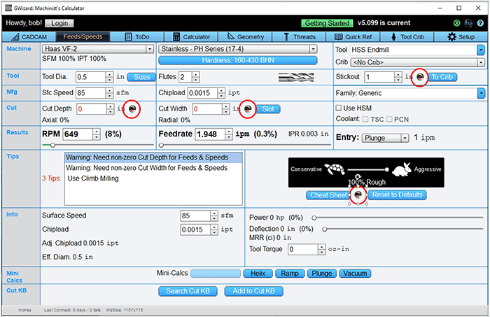 Calculator tool for machining on CNCCookbook.com website screenshot.