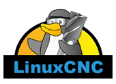 Cartoon penguin wearing glasses, with the text "LinuxCNC" in blue below.
