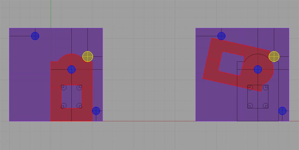 Two purple squares with red and blue shapes on a grey background.