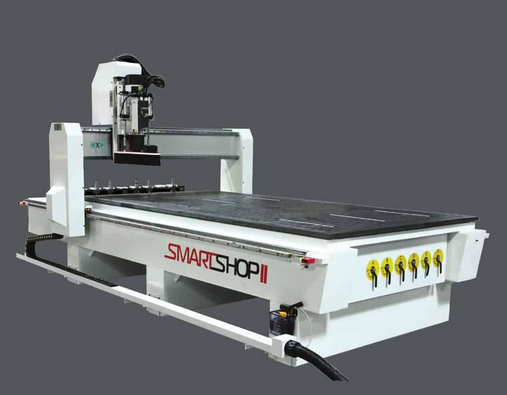 Large white CNC router machine with SMARTSHOP II logo on gray background.