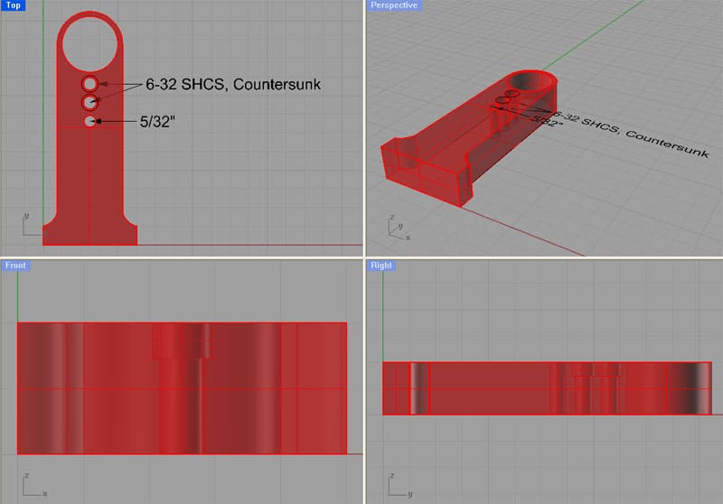 Technical illustration of red machine components with labeled dimensions.