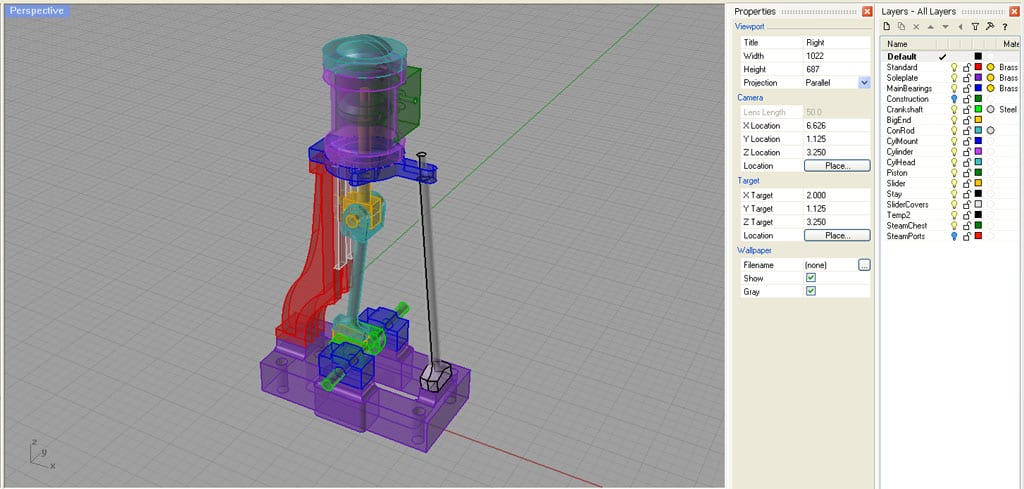 3D modeling software interface with complex mechanical device and color-coded components.