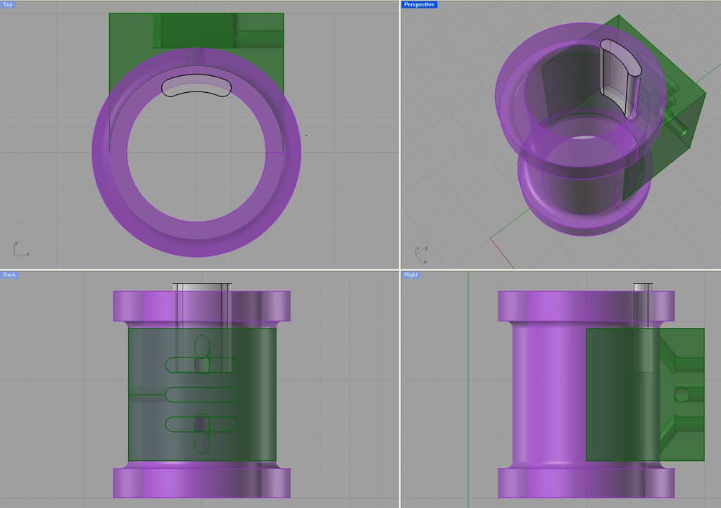 Machining component with purple rings on green blocks.
