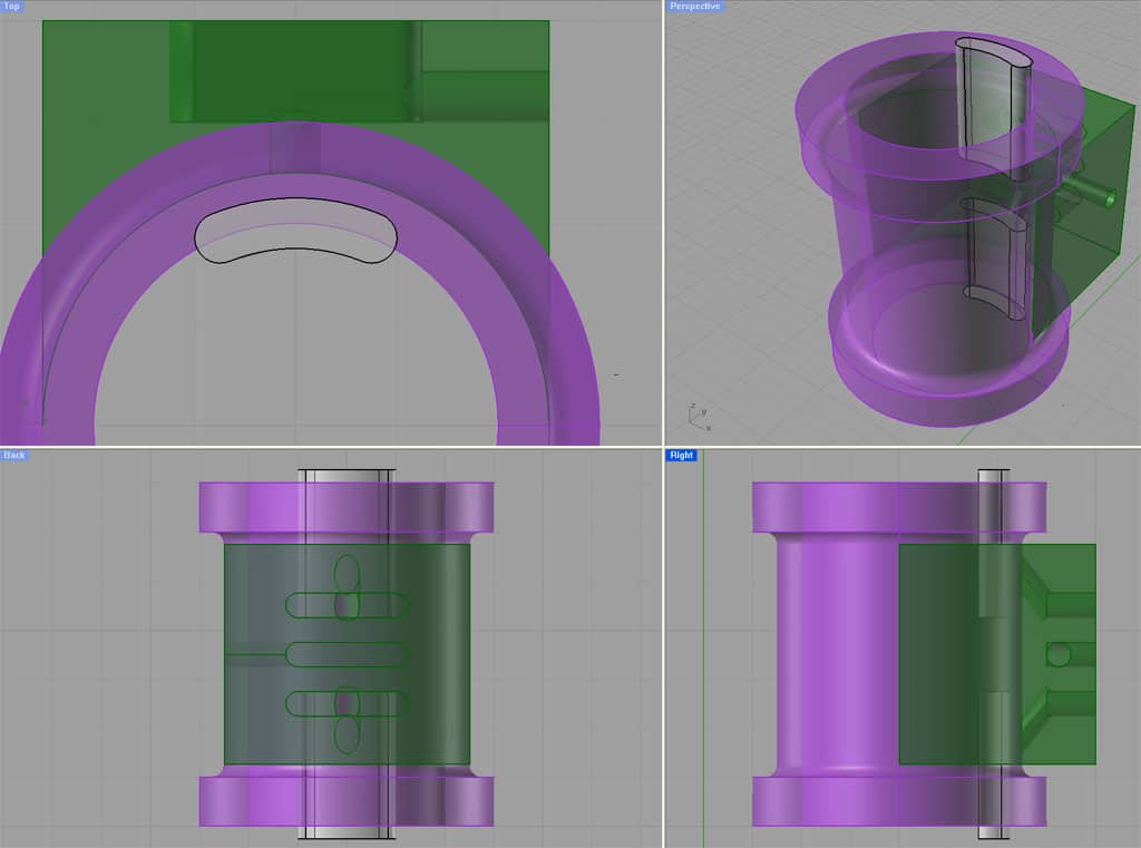 A 3D CAD model of a complex mechanical component with intricate design and multiple parts, featuring purple and green colors indicating different materials.