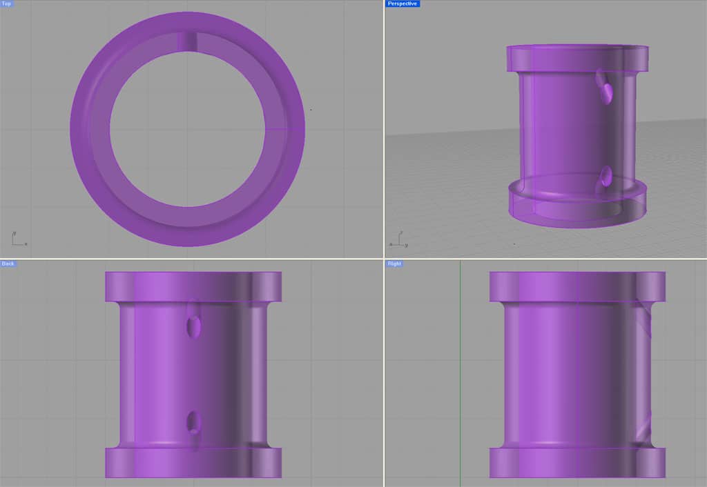 Cylindrical object with rounded edges and smooth surface, shown from top, side, front, and back views in 3D rendering.